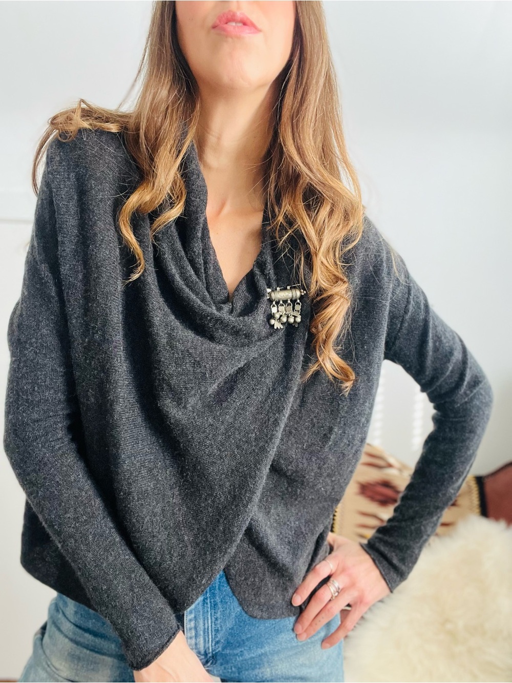 Vintage Charcoal Gray Draped Cowl Neck Sweater
